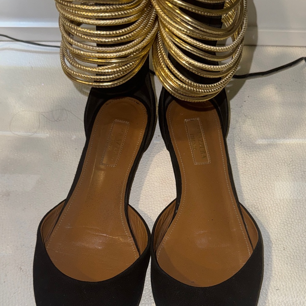 Black Pointed-Toe Flats with Gold Ankle Accent